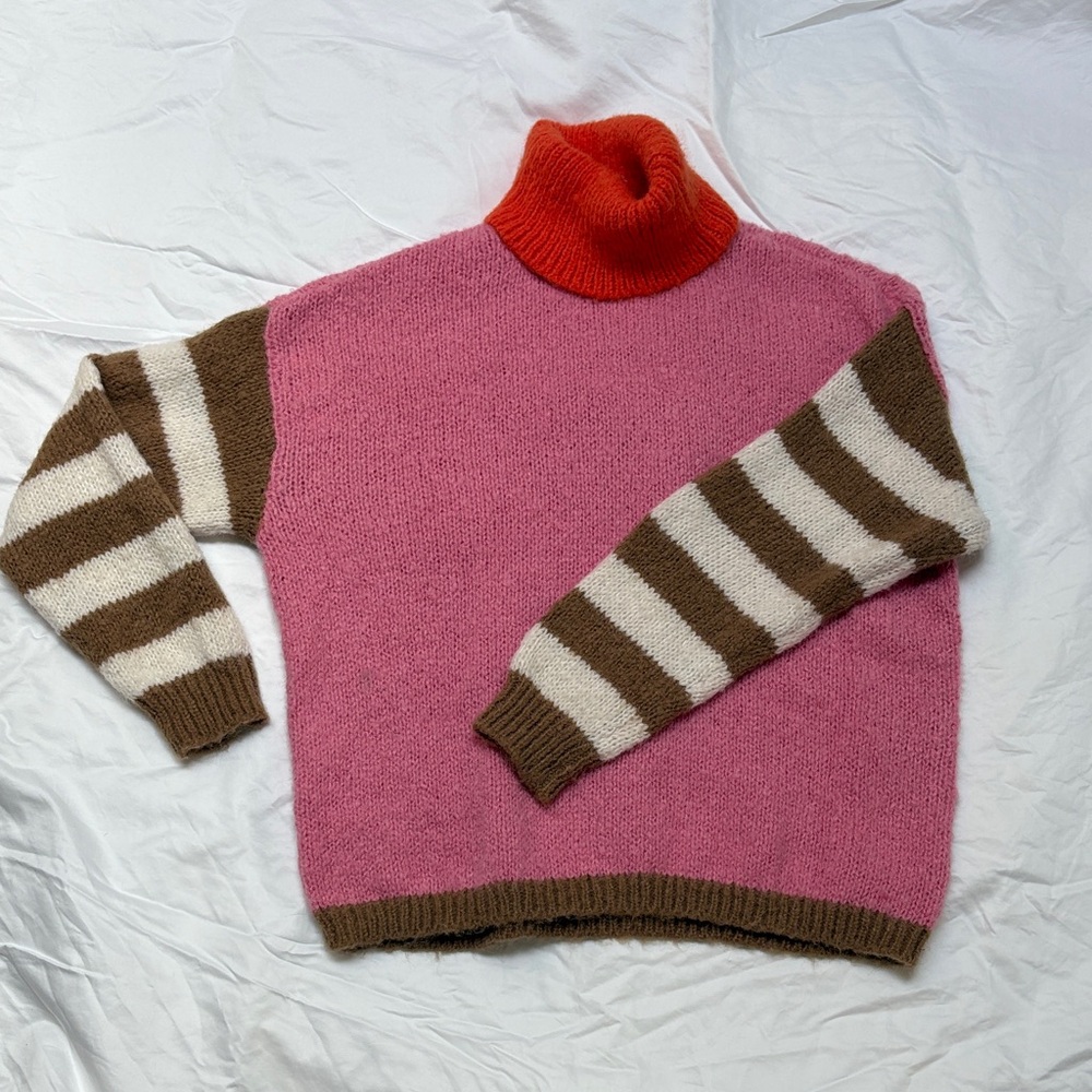 Easel - Vibrant Pink & Orange Turtleneck Sweater with Striped Sleeves